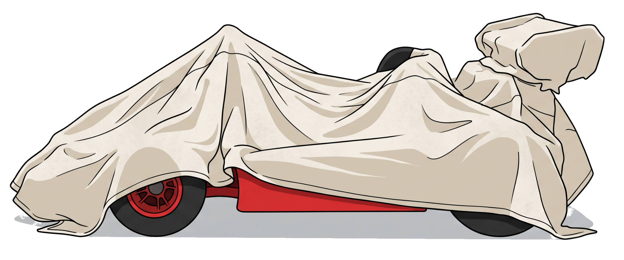 Kart coberto por uma lona, aguardando a próxima corrida